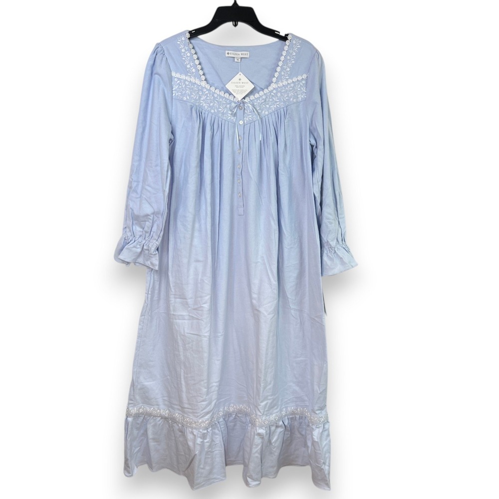 NWT Eileen West Cotton Flannel Embroidered Nightgown Womens Medium Blue Comfort